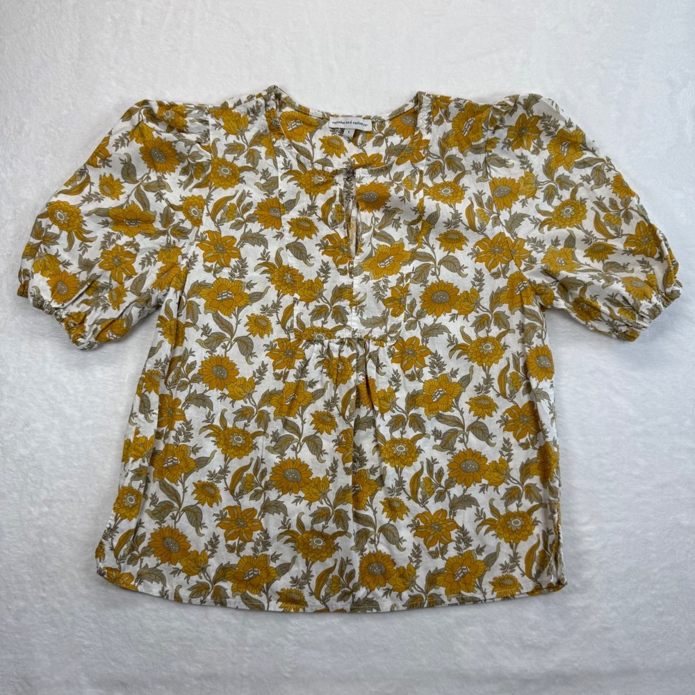 Cupcakes and Cashmere Floral Blouse Puff Sleeve Linen Blend Top Size L